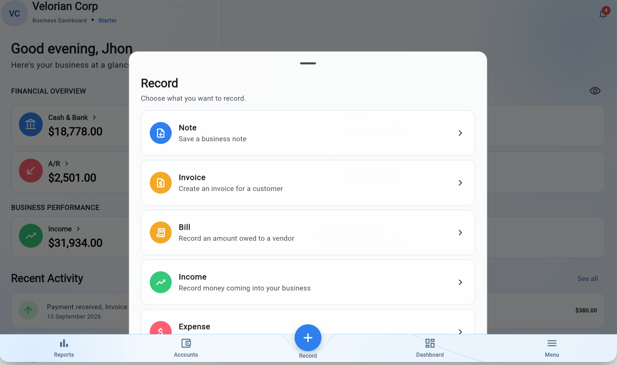 ARCBIZ Business dashboard with the Record panel open