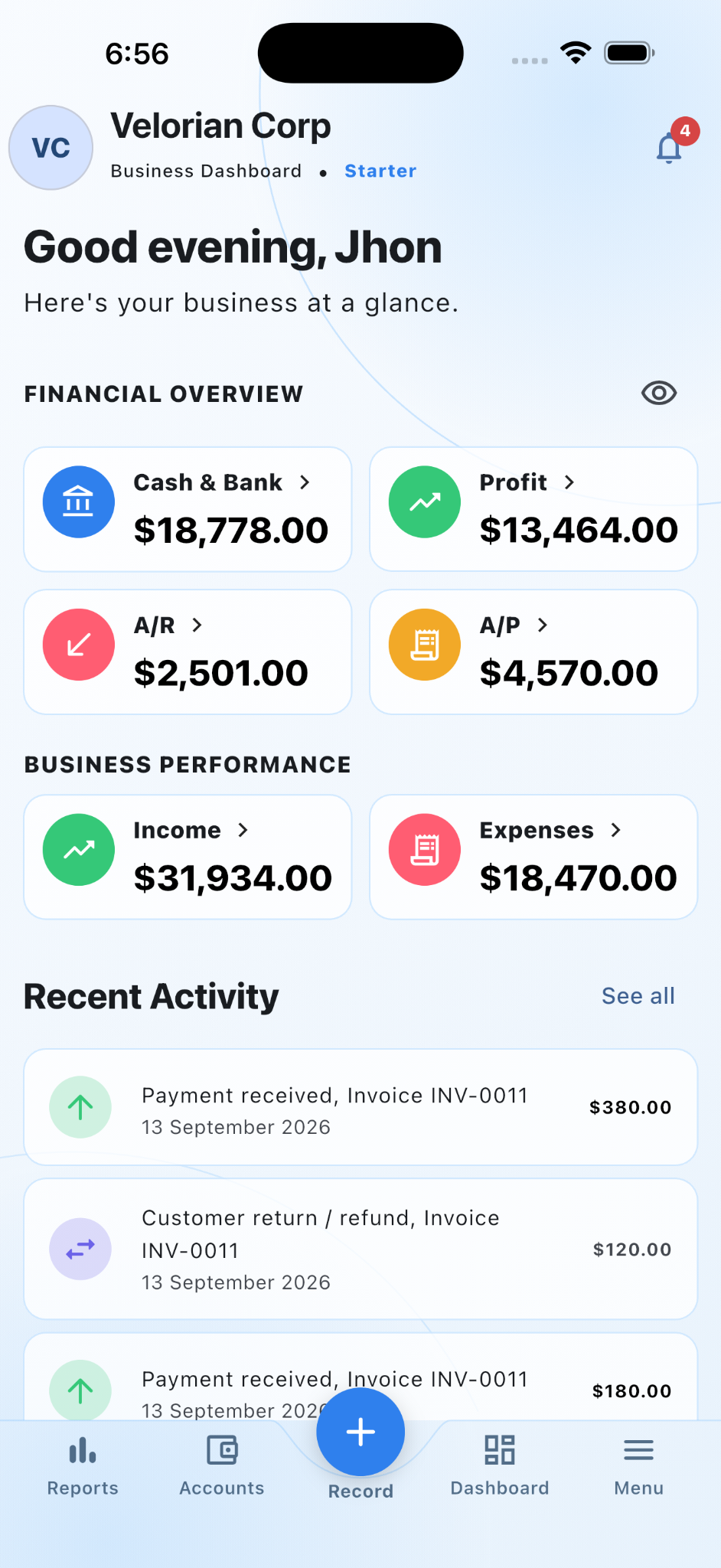 ARCBIZ Business dashboard on iPhone 17 Pro Max